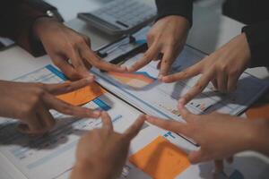 Hand join together for work togetherness, Hand stack for business and service, Team volunteering or teamwork. Concept connection of community and charity. Group of business workforce participation. photo