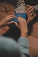 Christian group are praying to god with the bible and sharing the gospel. Concept of faith for god. photo