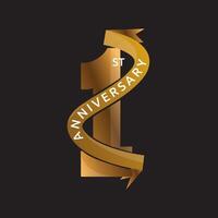 first anniversary sign. number one with ribbon in gold color vector