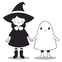 Adorable witch character with a ghost friend, for Halloween decorations, textile patterns, or icons. Clean, black and white design makes it versatile for both digital and print media. vector