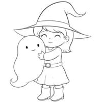 Coloring page Sweet witch character with a ghost, line art, Halloween decorations, web graphics, educational materials. Black and white palette ensures versatility across different applications. vector
