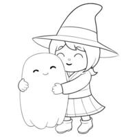 Happy witch with ghost, black and white coloring page, Halloween design, cards, posters, digital icons. Simple line art style ensures easy adaptability for different creative projects. vector