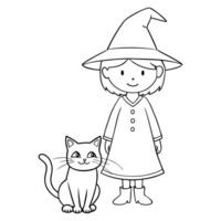 Black and white witch and cat illustration, Halloween-themed decor, web icons, kids' patterns. Playful and simple style suitable for young audiences vector