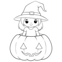 Cute Witch in pumpkin, black and white Halloween design, coloring page, Halloween cards, web icons, stickers, wide range of design projects. vector