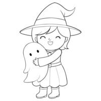 Cute witch hugging smiling ghost, black and white line art, Halloween illustration, web elements, textile patterns, coloring page vector