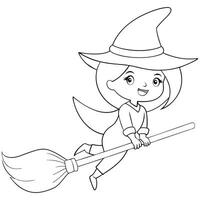 Happy witch flying on a broomstick, simple black and white cartoon style, Halloween web icons, childrens story illustrations, whimsical and playful Halloween theme vector