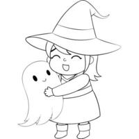 Smiling witch with ghost, black and white line drawing, isolated Halloween design, posters, digital icons. Simple line art style makes it versatile for both digital and print media. vector