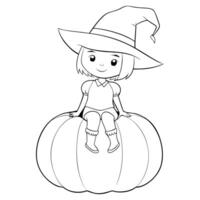 Cheerful witch sitting on a large pumpkin, coloring page, Halloween cards, web icons, textile patterns. The monochrome palette adds to the versatility of this illustration vector