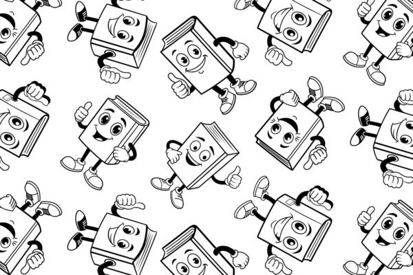 Pattern of smiling book characters in black and white, perfect for educational materials, children's activity sheets, and web backgrounds. Simple and friendly design