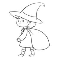 Little witch wearing a cape and hat, black and white outline, Halloween-themed designs, children's illustrations, web icons and textile patterns vector