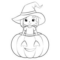 Black and white happy witch inside a pumpkin, Halloween-themed designs, decorations, educational materials, web graphics. Simple and clean lines make it adaptable for various applications. vector