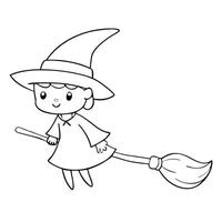 Minimalist black and white illustration, small witch flying on a broomstick, Halloween web design, children's products, coloring books and themed textiles vector