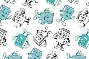 Repeating pattern featuring happy book mascots in a mix of teal and monochrome. Perfect for school projects, educational websites, and wrapping paper. Combines vibrant and neutral tones vector