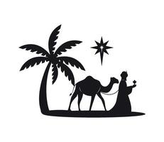 Silhouette of a manger scene with a camel and palm tree vector