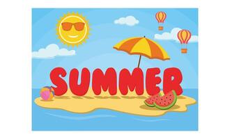 Summer concept on beach island with summer elements and balloons on blue sky background. flat modern illustration vector