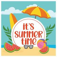 Summer with white circles for text and colorful beach elements. Flat modern illustration vector