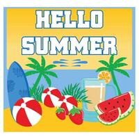Hello summer concept design. Summer text with colorful elements like palm trees, umbrellas and flamingos for tropical holiday season background. flat modern illustration vector
