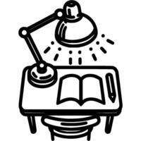 Table lamp spotlight shines on open notebook lying on table in monochrome. Simple minimalistic in black ink drawing on white background vector