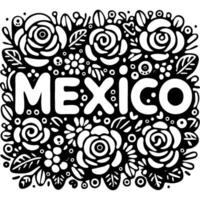 Inscription Mexico drowning in roses in monochrome. Simple minimalistic in black ink drawing on white background vector