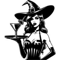 Seductive waitress dressed as Halloween witch serves cocktails in monochrome. Simple minimalistic in black ink drawing on white background vector