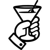 Hand of visitor to establishment holds glass of martini in monochrome. Simple minimalistic in black ink drawing on white background vector