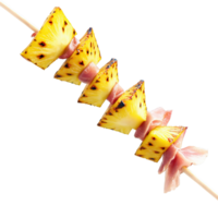 Grilled pineapple and ham skewers with a brown sugar glaze and scallions on clear skewers png