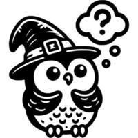 Owl dressed in a sorceress hat thought in monochrome. Simple minimalistic in black ink drawing on white background vector