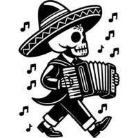 Street musician with accordion dressed in a skeleton costume and a Mexican sombrero hat in monochrome. Simple minimalistic in black ink drawing on white background vector