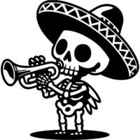 Skeleton dressed in sombrero plays trumpet in monochrome. Simple minimalistic in black ink drawing on white background vector