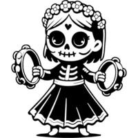 Girl dressed in Mexican clothes with a flower crown on her head plays with tambourines in monochrome. Simple minimalistic in black ink drawing on white background vector