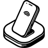 Modern smartphone being charged at base charging station in monochrome. Simple minimalistic in black ink drawing on white background vector