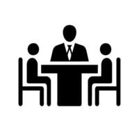 A black and white image of a meeting table with two people sitting at it vector