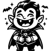 Vampire in medieval costume laughs cheerfully, holds his stomach in monochrome. Simple minimalistic in black ink drawing on white background vector