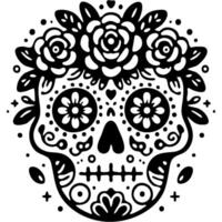 Skull decorated with mexican floral patterns in monochrome. Simple minimalistic in black ink drawing on white background vector