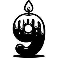 Number nine, 9 in shape of lit hot candle for decorating birthday cake in monochrome. Simple minimalistic in black ink drawing on white background vector