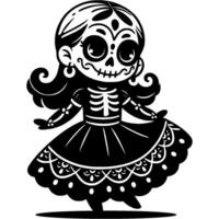 Mexican girl with festive skeleton makeup on face dancing at festival in monochrome. Simple minimalistic in black ink drawing on white background vector