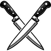 Crossed kitchen knives in monochrome. Simple minimalistic in black ink drawing on white background vector