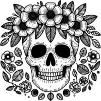 Human skull decorated with a floral wreath in monochrome. Simple minimalistic in black ink drawing on white background vector
