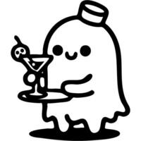 Bartender in ghost costume preparing cocktail in monochrome. Simple minimalistic in black ink drawing on white background vector