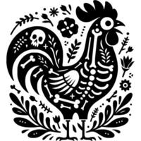 Silhouette of rooster skeleton is decorated with Mexican floral patterns and in monochrome. Simple minimalistic in black ink drawing on white background vector
