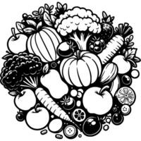 Pile of vegetables and fruits top view in monochrome. Simple minimalistic in black ink drawing on white background vector