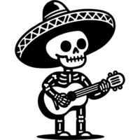 Skeleton dressed in Mexican sombrero plays guitar in monochrome. Simple minimalistic in black ink drawing on white background vector