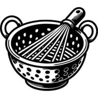 Deep bowl with holes for cooking pasta and spaghetti in monochrome. Simple minimalistic in black ink drawing on white background vector