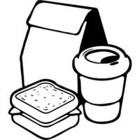 Sandwich coffee and breakfast to go in monochrome. Simple minimalistic in black ink drawing on white background vector