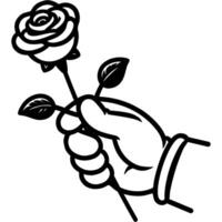 Hand of lover gives rose to his beloved in monochrome. Simple minimalistic in black ink drawing on white background vector