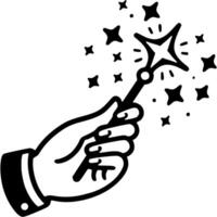 Hand of the magician illusionist holds magic wand in monochrome. Simple minimalistic in black ink drawing on white background vector