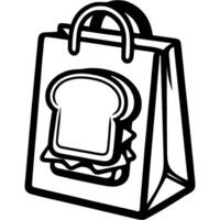 Paper bag with breakfast sandwich in monochrome. Simple minimalistic in black ink drawing on white background vector