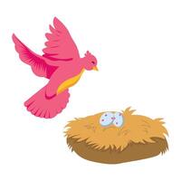 A pink bird is flying over a nest with an egg vector
