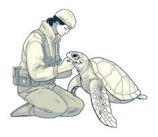 A man in uniform petting a turtle vector