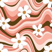 Seamless pattern with daisy flowers on a wavy background. Hand drawn groovy vintage background. Perfect for textile, wallpaper or print design. vector